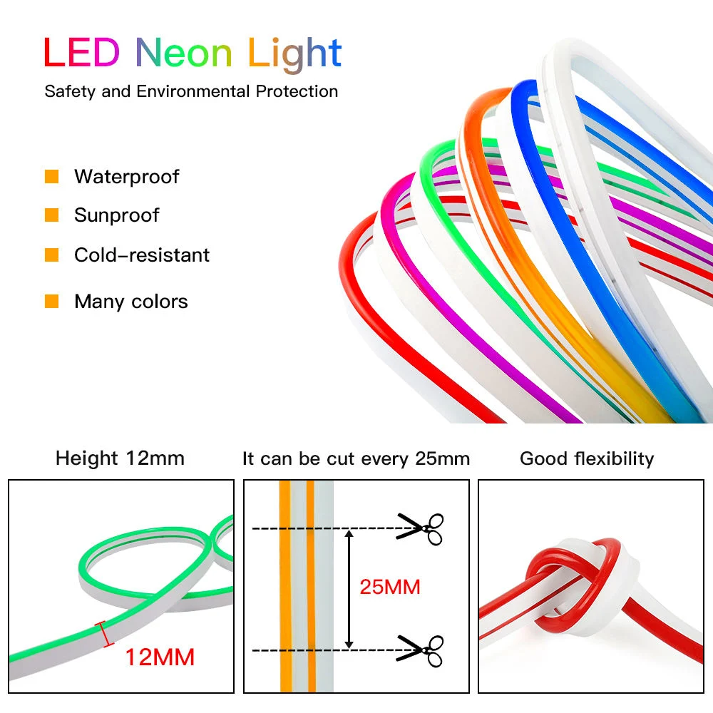 RGB Neon LED Strip Light 12V 24V Flexible Silicone Neon Strip SMD 2835 120LEDs/M Cuttable IP65 Waterproof RGB for LED Neon Sign