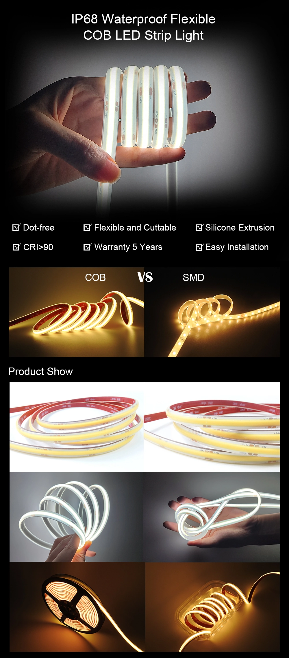 IP68 COB Flexible LED Strips for Indoor &amp; Outdoor Decoration