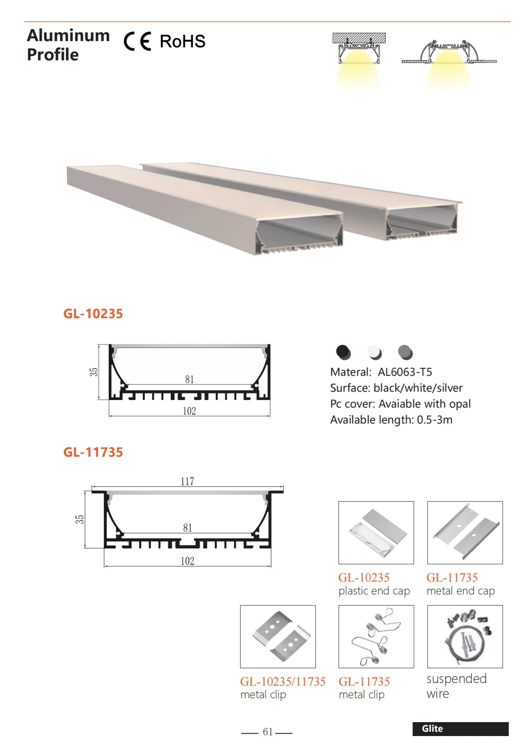 LED Aluminum Strip Profile Big Size Recessed Profile for Alu LED Bar Linear Lighting