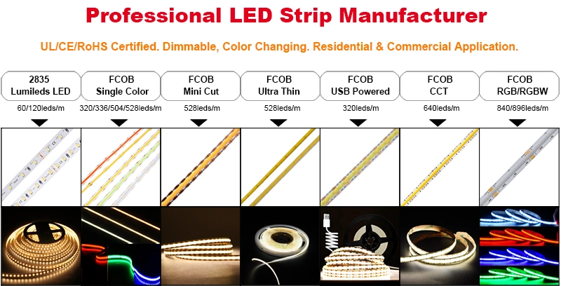 Under Cabinet Ceiling Dotless Ribbon Tape Light 5m Cuttable Exterior Outdoor Waterproof Low Voltage DC 12V 24V Flexible Chip on Board COB LED Strip Lighting